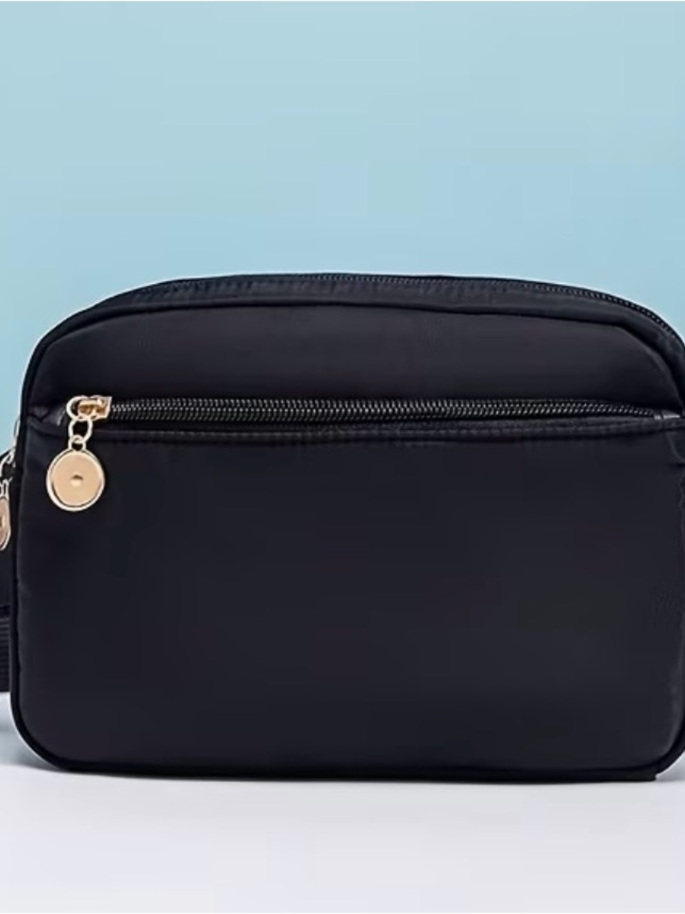 Black Nylon Crossbody Bag with Gold Accents